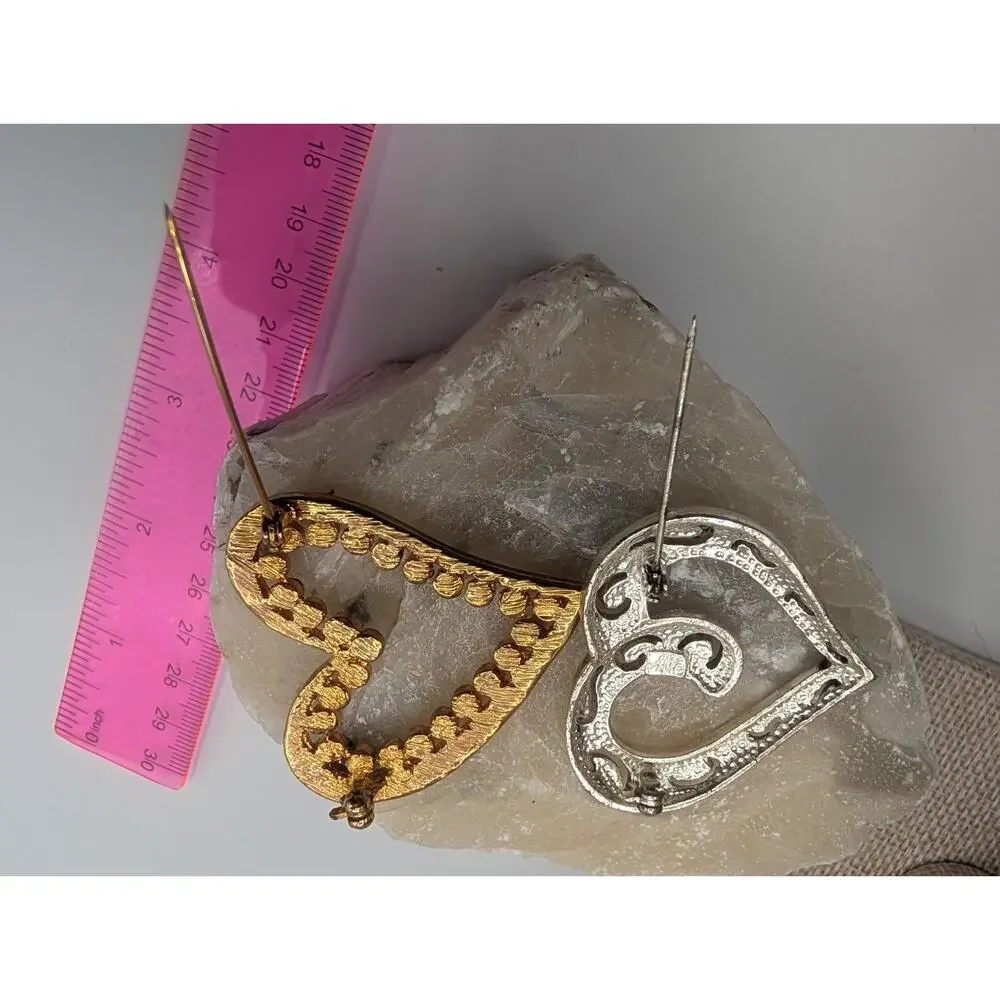 Vintage Heart Brooch Pin Lot Silver Tone AB Rhinestone Gold Tone Clear Crystal